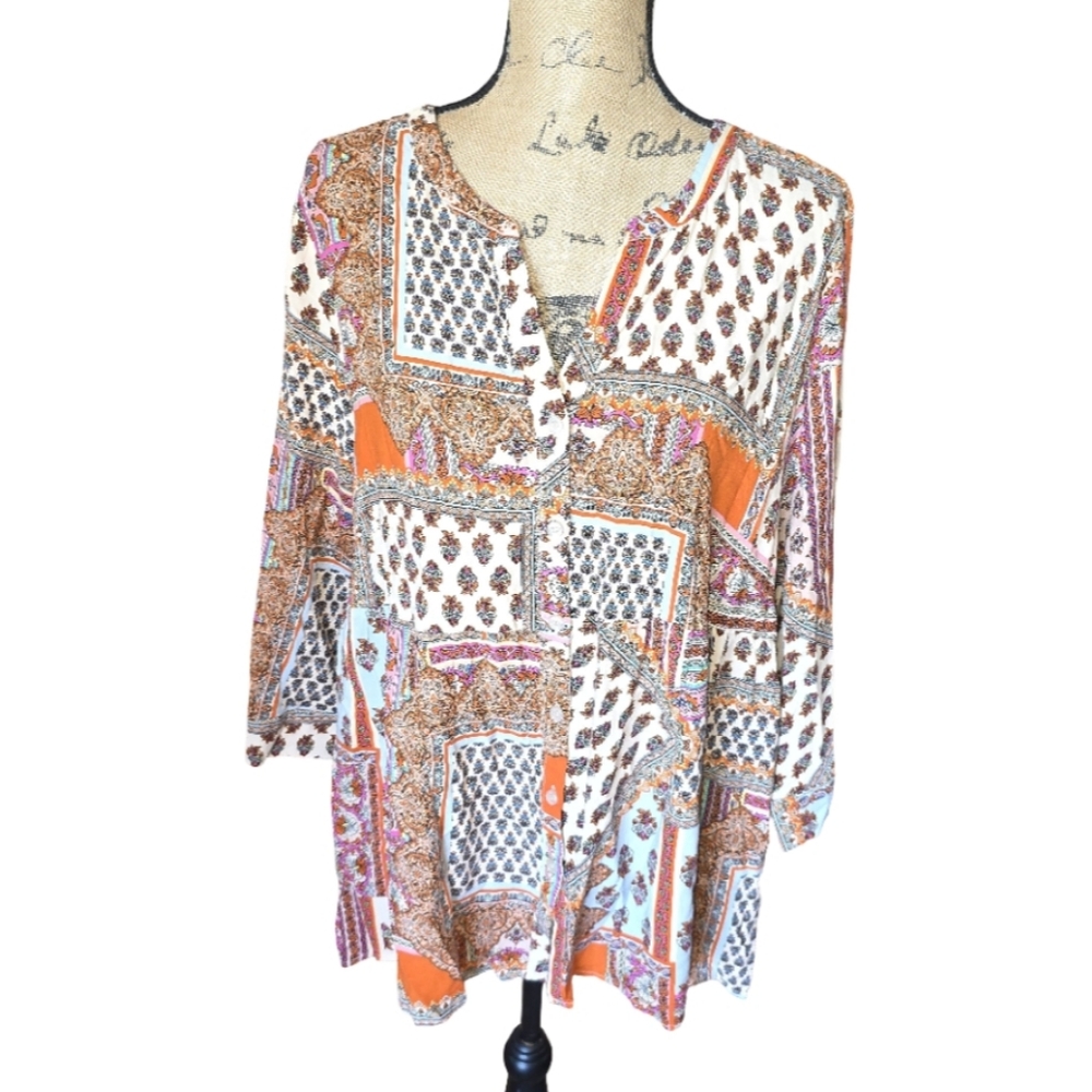 Jones New York Bohemian Patchwork Orange White Button-Up Blouse Plus Size 1X
